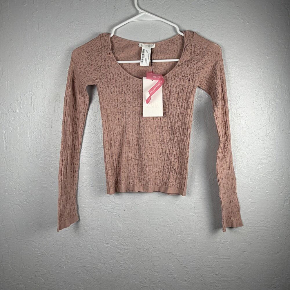 Zara Knit Top M-L Blush Pink Long Sleeve Stretch Textured Crew Neck NWT